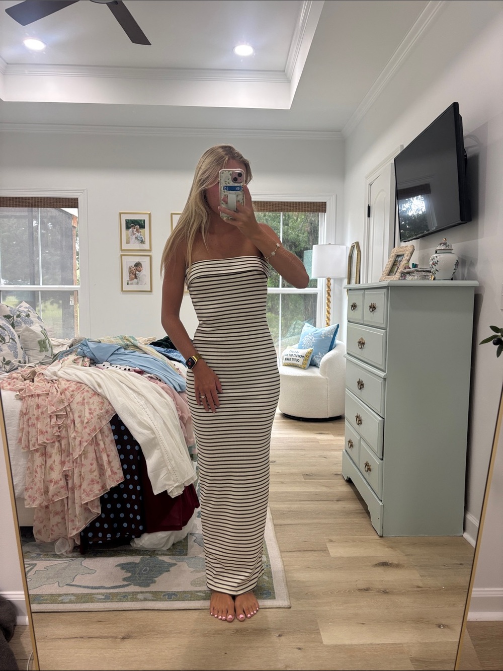 Missguided Black and White Striped Strapless Maxi Dress